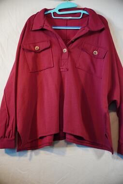 Bibi Burgundy Slouchy Raw Edge Pullover Fleece Sweatshirt Button Henley L XL